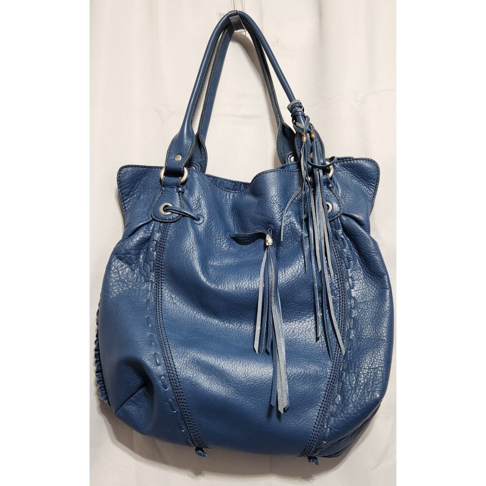 Lucky Brand Large Blue Leather Hobo W/ Tassel, Ruffles Edges, Colorful Interior